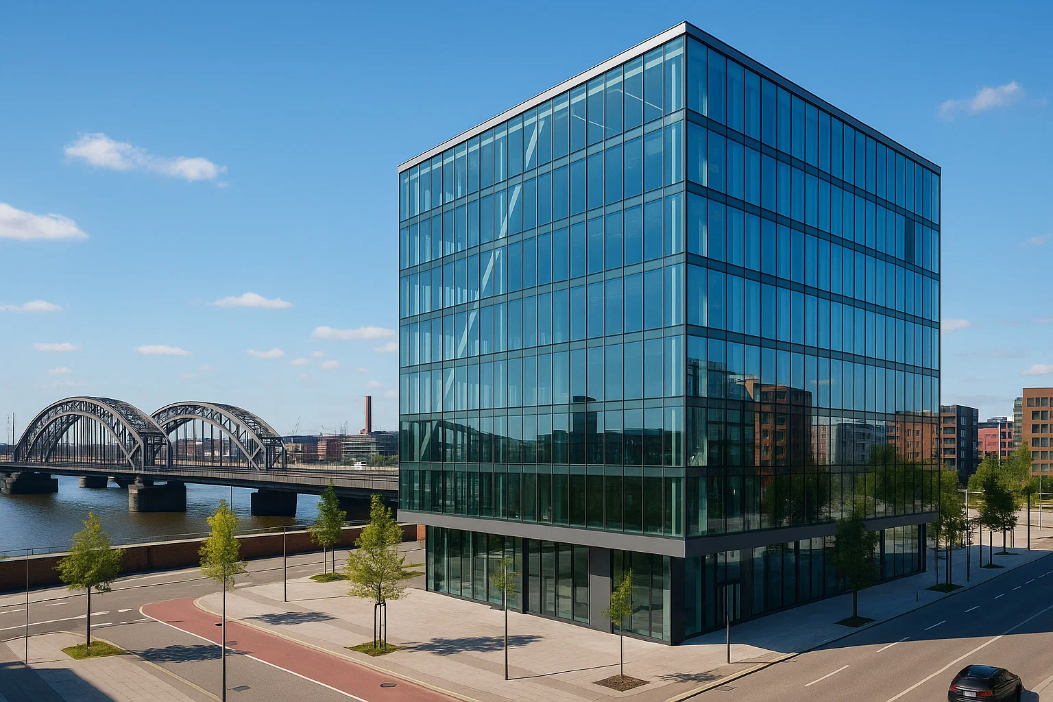 Moderne Büroimmobilie in Frankfurt mit Blick auf die Skyline bei Tageslicht
