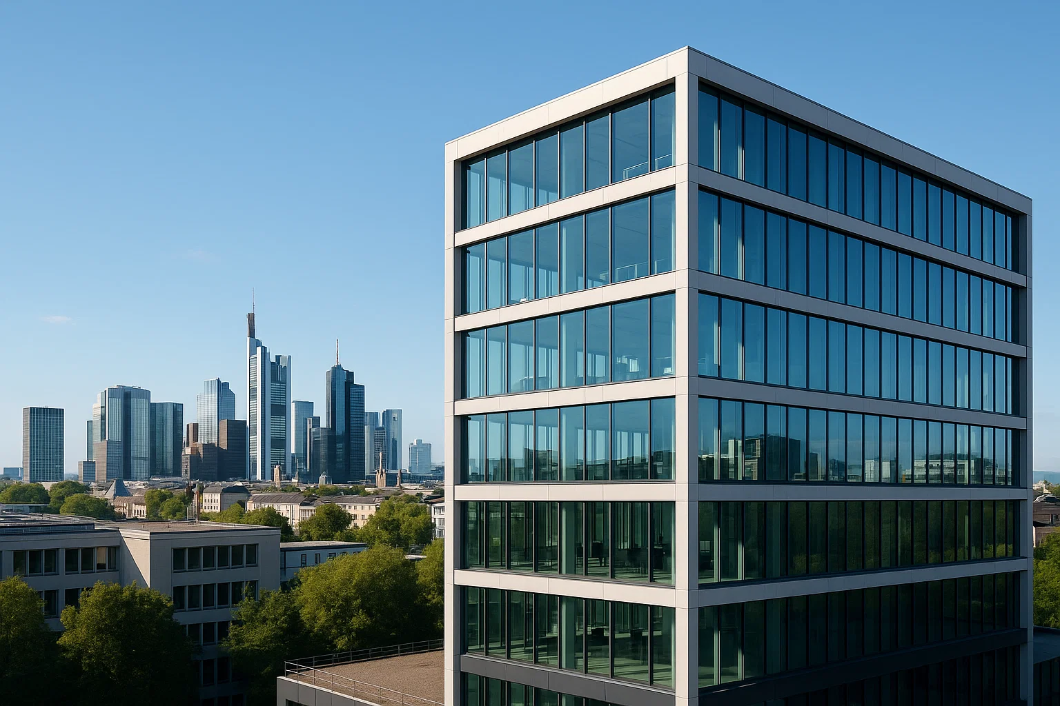 Modernes Bürogebäude in der Hamburger HafenCity mit Blick auf die Elbbrücken bei Tageslicht